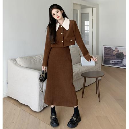 FA46449# 秋冬大码微胖妹妹MM气质名媛高级感上衣遮肉显瘦两件套装连衣裙 服裝批發女裝批發服飾貨源