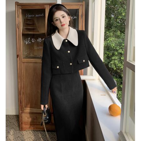 FA46449# 秋冬大码微胖妹妹MM气质名媛高级感上衣遮肉显瘦两件套装连衣裙 服裝批發女裝批發服飾貨源