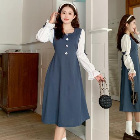 FA46451# 大码女装复古方领袖口蝴蝶结茶歇法式显瘦连衣裙 服裝批發女裝批發服飾貨源