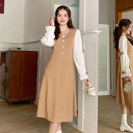 FA46451# 大码女装复古方领袖口蝴蝶结茶歇法式显瘦连衣裙 服裝批發女裝批發服飾貨源