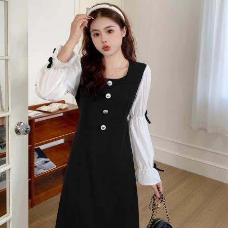 FA46451# 大码女装复古方领袖口蝴蝶结茶歇法式显瘦连衣裙 服裝批發女裝批發服飾貨源