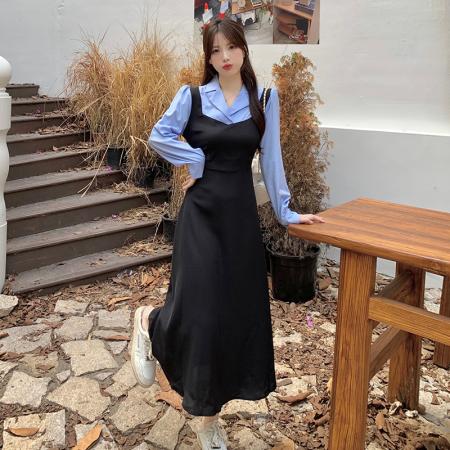 FA46452# 后包领做工新款撞色拼接假两件收腰系带A字长袖连衣裙 服裝批發女裝批發服飾貨源