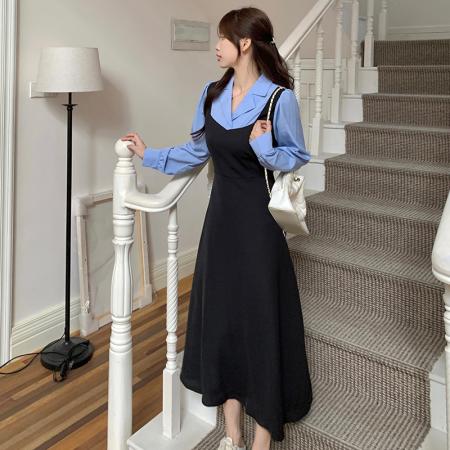 FA46452# 后包领做工新款撞色拼接假两件收腰系带A字长袖连衣裙 服裝批發女裝批發服飾貨源