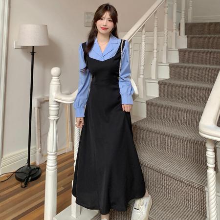 FA46452# 后包领做工新款撞色拼接假两件收腰系带A字长袖连衣裙 服裝批發女裝批發服飾貨源