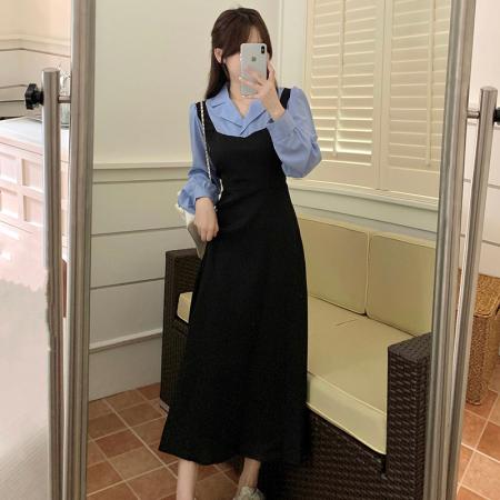 FA46452# 后包领做工新款撞色拼接假两件收腰系带A字长袖连衣裙 服裝批發女裝批發服飾貨源