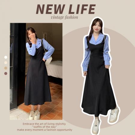 FA46452# 后包领做工新款撞色拼接假两件收腰系带A字长袖连衣裙 服裝批發女裝批發服飾貨源