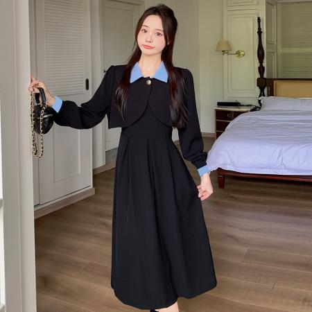 FA46453# 两件套大码微胖mm短款外套上衣女百褶a字吊带连衣裙套装 服裝批發女裝批發服飾貨源