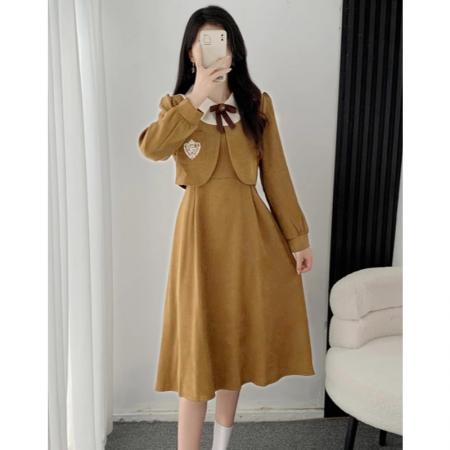 FA46454# 送蝴蝶结胸针 高级感假两件灯芯绒连衣裙秋冬法式学院风 服裝批發女裝批發服飾貨源