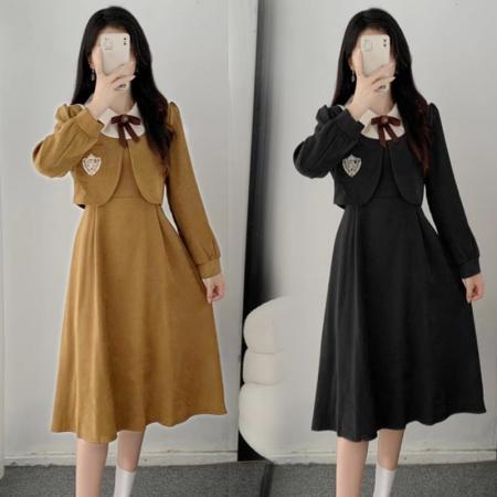 FA46454# 送蝴蝶结胸针 高级感假两件灯芯绒连衣裙秋冬法式学院风 服裝批發女裝批發服飾貨源