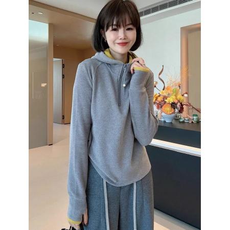 FA46455# 设计感撞色双面德绒连帽半拉链内搭打底衫