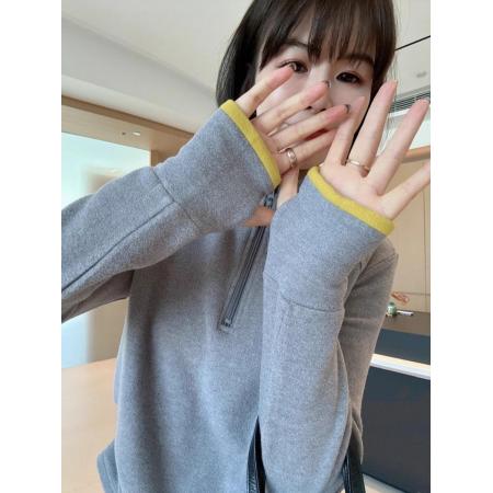 FA46455# 设计感撞色双面德绒连帽半拉链内搭打底衫