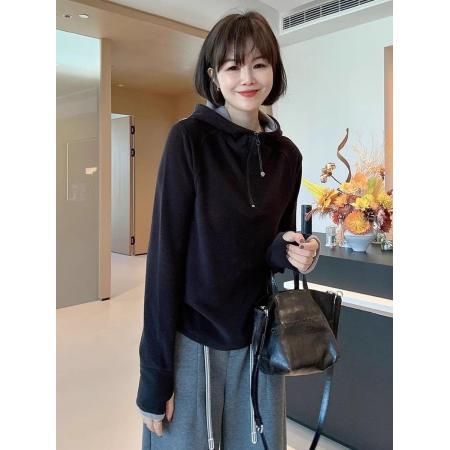 FA46455# 设计感撞色双面德绒连帽半拉链内搭打底衫