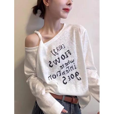 FA46458# 人棉白色斜领露肩字母印花T恤宽松长袖斜领外穿上