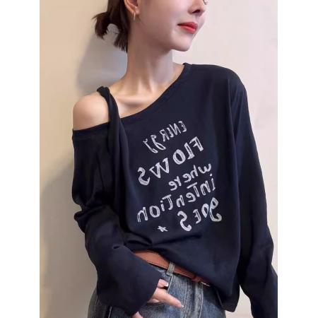 FA46458# 人棉白色斜领露肩字母印花T恤宽松长袖斜领外穿上