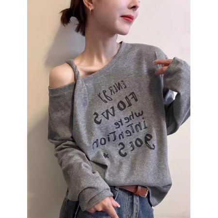 FA46458# 人棉白色斜领露肩字母印花T恤宽松长袖斜领外穿上