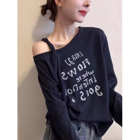 FA46458# 人棉白色斜领露肩字母印花T恤宽松长袖斜领外穿上