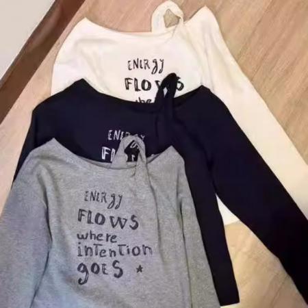 FA46458# 人棉白色斜领露肩字母印花T恤宽松长袖斜领外穿上