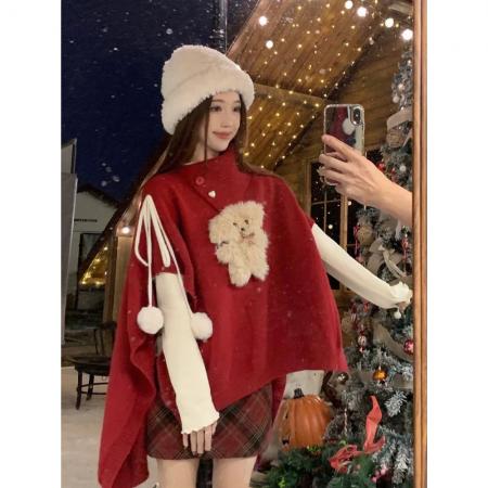 FA46461# 圣诞新年红色毛衣女大码胖mm冬季设计感小众宽松遮肚子斗篷针织衫