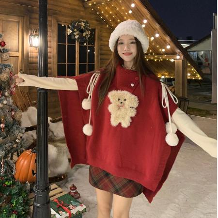 FA46461# 圣诞新年红色毛衣女大码胖mm冬季设计感小众宽松遮肚子斗篷针织衫