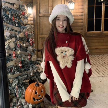 FA46461# 圣诞新年红色毛衣女大码胖mm冬季设计感小众宽松遮肚子斗篷针织衫