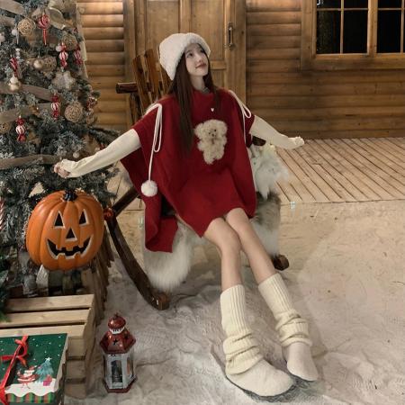 FA46461# 圣诞新年红色毛衣女大码胖mm冬季设计感小众宽松遮肚子斗篷针织衫