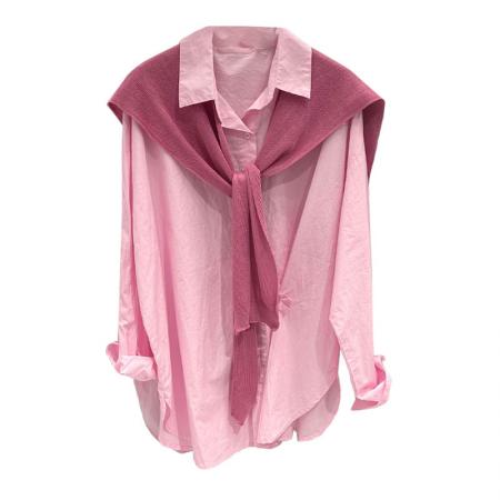 FA46462# 欧货粉色披肩衬衫两件套女设计感新款时尚洋气别致春装上衣