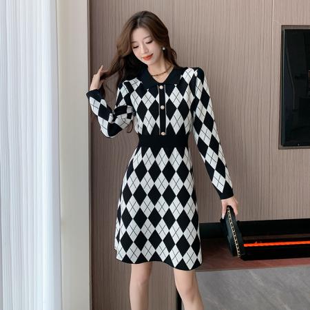 FA46479# 秋冬新款小香风POLO领格子针织连衣裙女气质名媛通勤毛衣裙