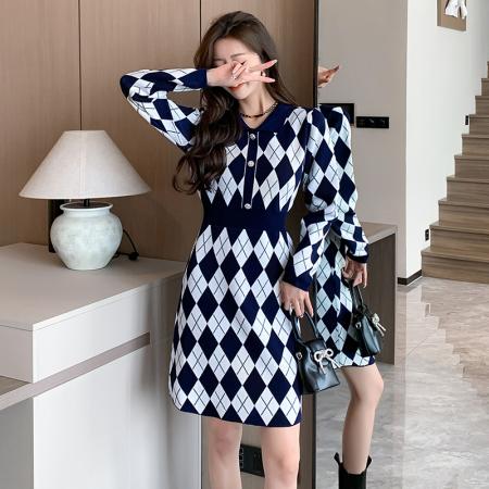 FA46479# 秋冬新款小香风POLO领格子针织连衣裙女气质名媛通勤毛衣裙