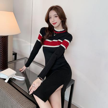 FA46484# 秋冬气质条纹针织连衣裙女半高领长袖中长款毛衣打底裙