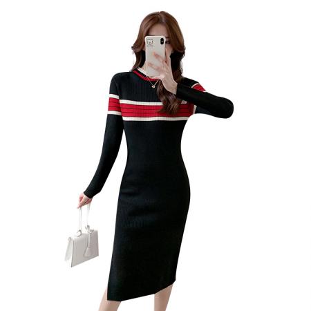 FA46484# 秋冬气质条纹针织连衣裙女半高领长袖中长款毛衣打底裙