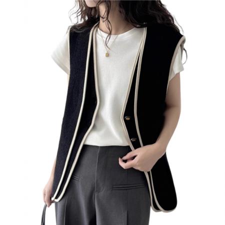 FA46488# 小香风假两件针织开衫马甲背心女秋冬宽松外搭叠穿马夹外套