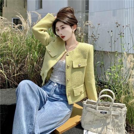 FA46509# 黄色短款小香风外套女秋季新款高级感宽松百搭上衣夹克