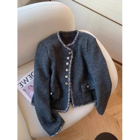 FA46510# 灰色夹棉法式正肩名媛气质短款小香风外套女士小个子高级感轻熟风