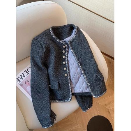 FA46510# 灰色夹棉法式正肩名媛气质短款小香风外套女士小个子高级感轻熟风