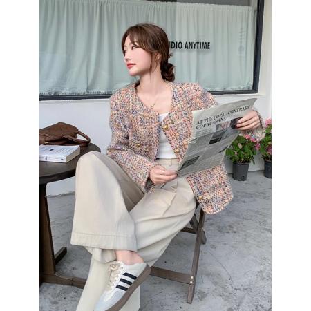 FA46511# 彩色粗花呢女春秋冬上衣新款法式气质休闲百搭加厚短款外套