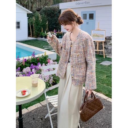 FA46511# 彩色粗花呢女春秋冬上衣新款法式气质休闲百搭加厚短款外套