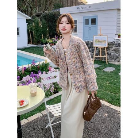 FA46511# 彩色粗花呢女春秋冬上衣新款法式气质休闲百搭加厚短款外套