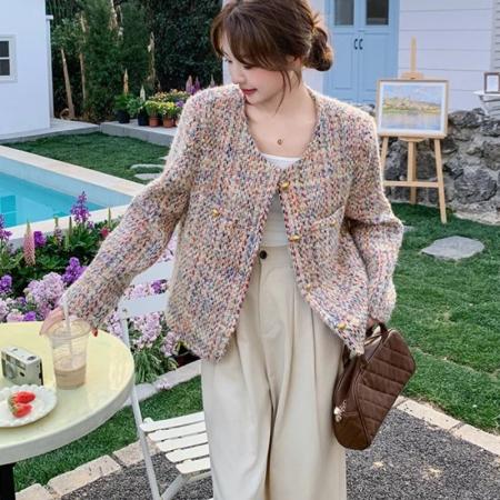 FA46511# 彩色粗花呢女春秋冬上衣新款法式气质休闲百搭加厚短款外套