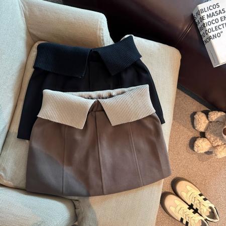 FA46516# 美拉德高腰咖色毛呢包臀短裙女秋冬美式辣妹洋气撞色翻腰针织裙子