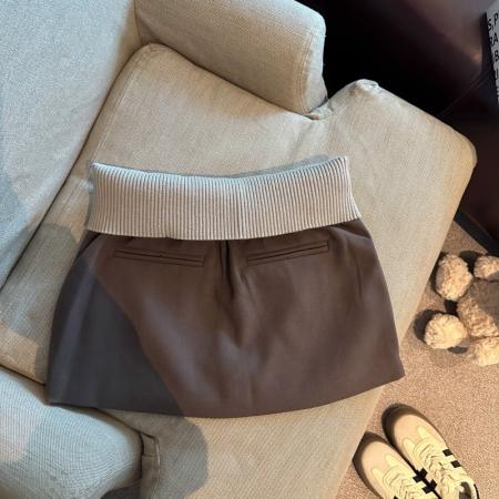 FA46516# 美拉德高腰咖色毛呢包臀短裙女秋冬美式辣妹洋气撞色翻腰针织裙子