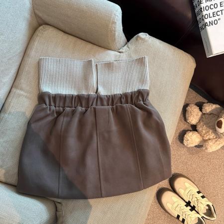 FA46516# 美拉德高腰咖色毛呢包臀短裙女秋冬美式辣妹洋气撞色翻腰针织裙子