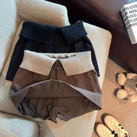 FA46516# 美拉德高腰咖色毛呢包臀短裙女秋冬美式辣妹洋气撞色翻腰针织裙子