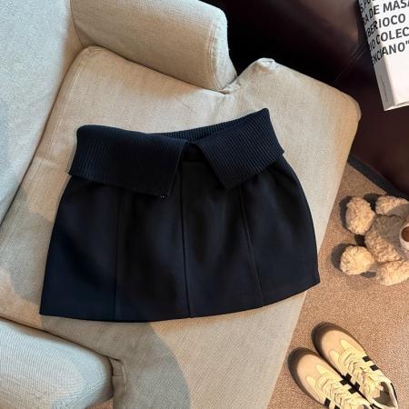 FA46516# 美拉德高腰咖色毛呢包臀短裙女秋冬美式辣妹洋气撞色翻腰针织裙子