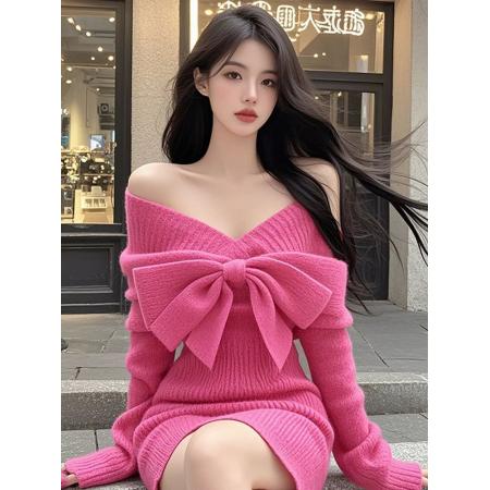 FA46518# V领蝴蝶结长袖针织衫连衣裙女秋季性感收腰包臀裙