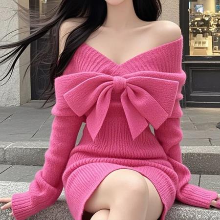 FA46518# V领蝴蝶结长袖针织衫连衣裙女秋季性感收腰包臀裙