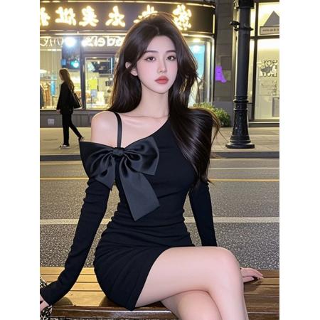 FA46519# 秋季斜肩吊带蝴蝶结长袖连衣裙女收腰显瘦辣妹短裙子