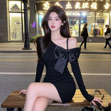 FA46519# 秋季斜肩吊带蝴蝶结长袖连衣裙女收腰显瘦辣妹短裙子