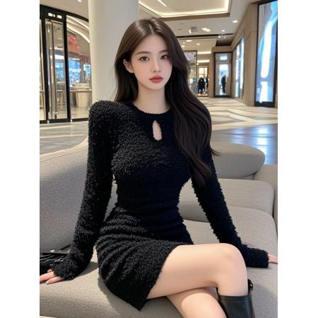 FA46520# 韩系纯欲风氛围感气质黑色炸街修身显瘦连衣裙秋冬季