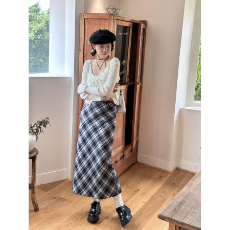 FA46533# -格子布复合加绒加厚新款百搭后开叉休闲半身裙女