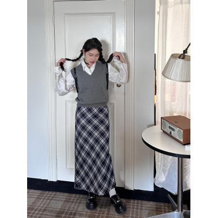 FA46533# -格子布复合加绒加厚新款百搭后开叉休闲半身裙女